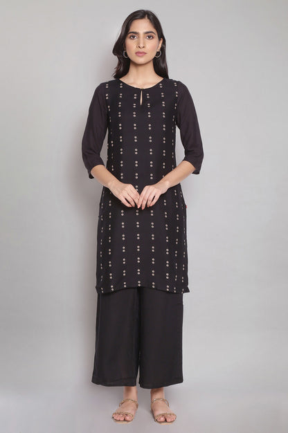 Black Floral Print kurta-Parallel Pants Set