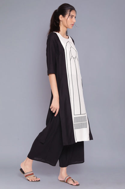 Black And Ecru Printed kurta With Parallel Pants