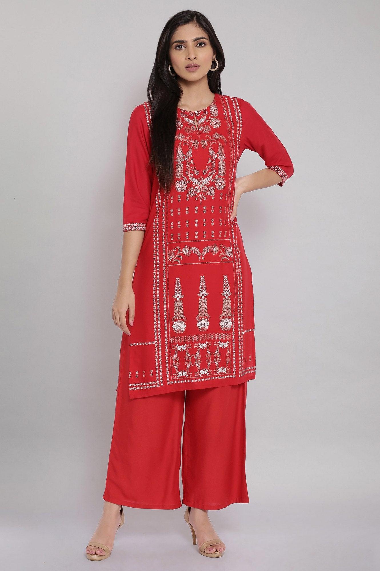 Red Geometric Printed kurta And Parallel Pants Set - wforwoman