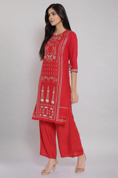 Red Geometric Printed kurta And Parallel Pants Set - wforwoman