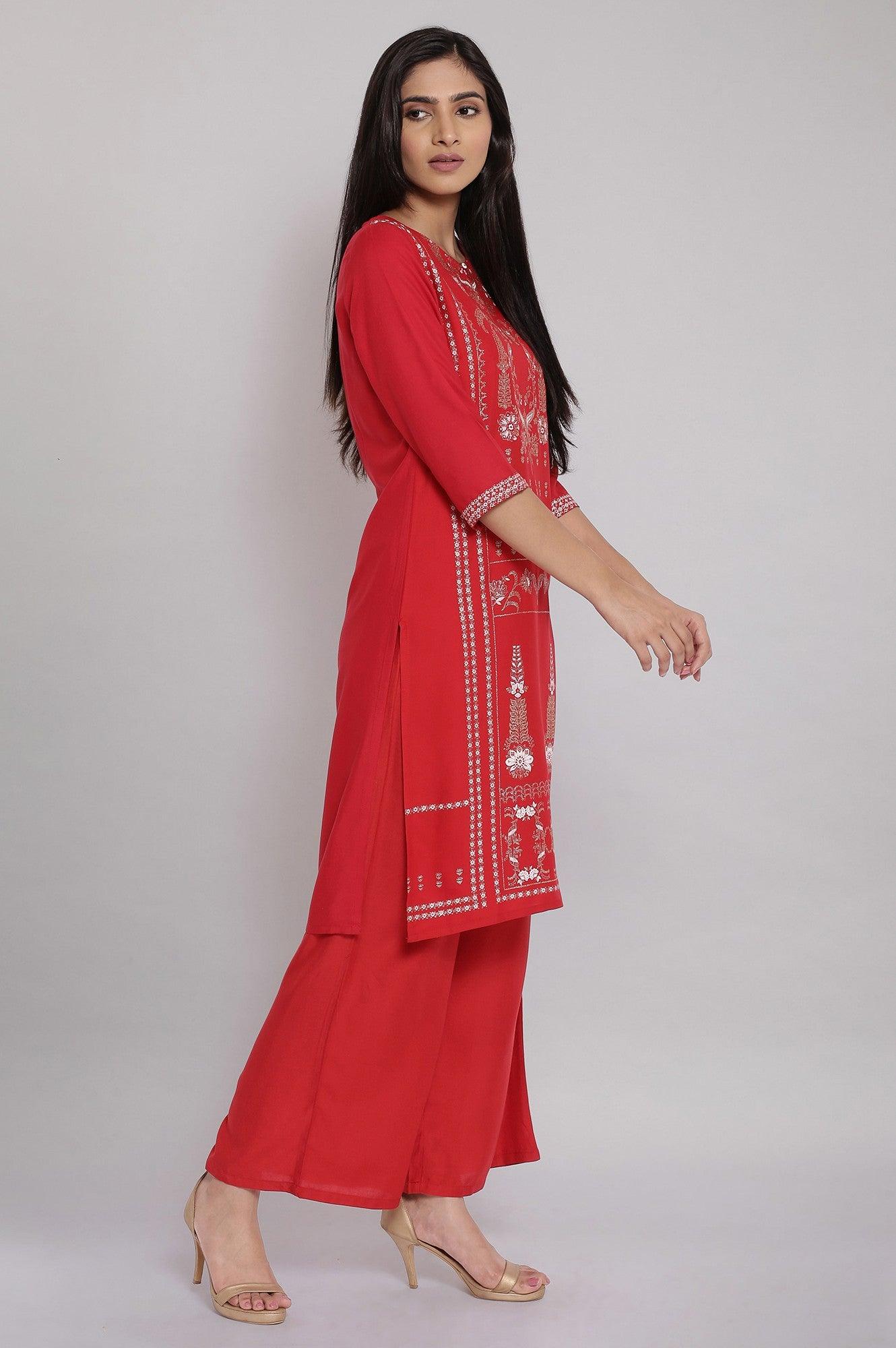 Red Geometric Printed kurta And Parallel Pants Set - wforwoman