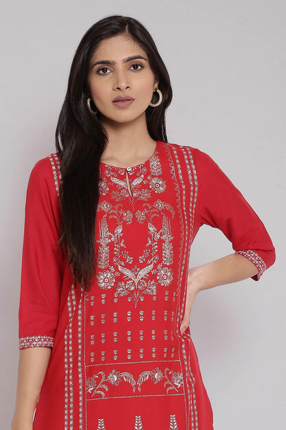 Red Geometric Printed kurta And Parallel Pants Set - wforwoman