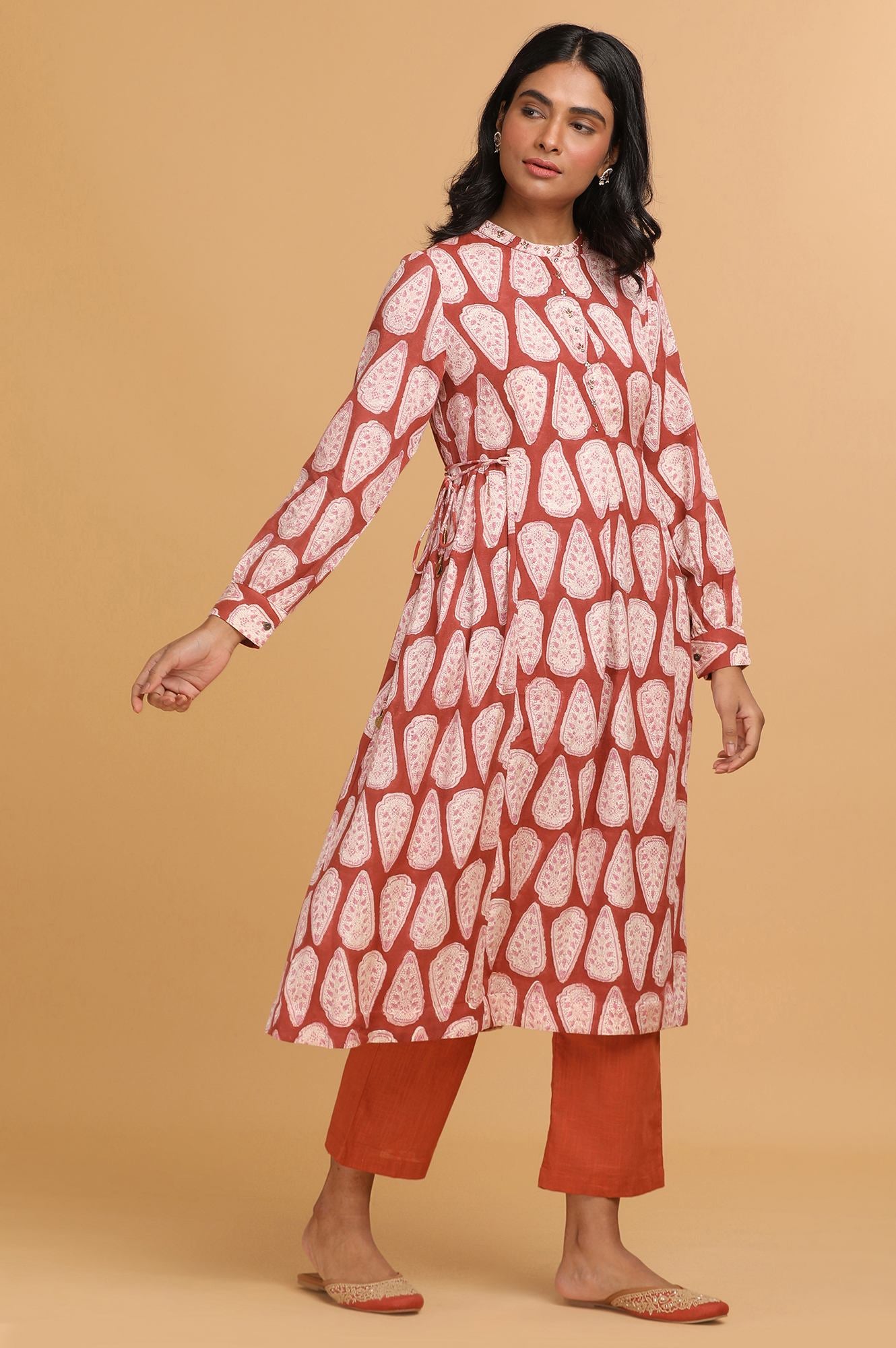Red Flared Dress in Hand Block Print