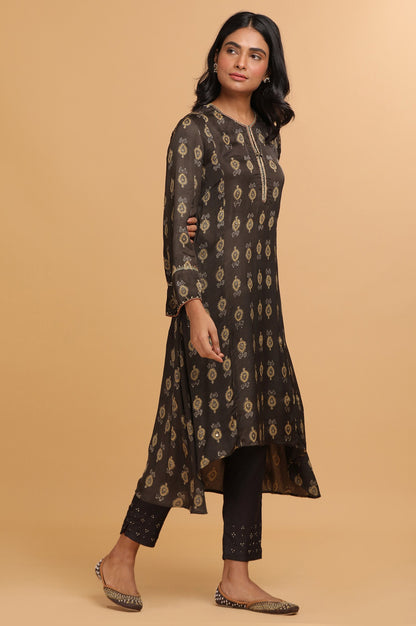 Dark Grey Ajrakh Print kurta in Lustrous Satin