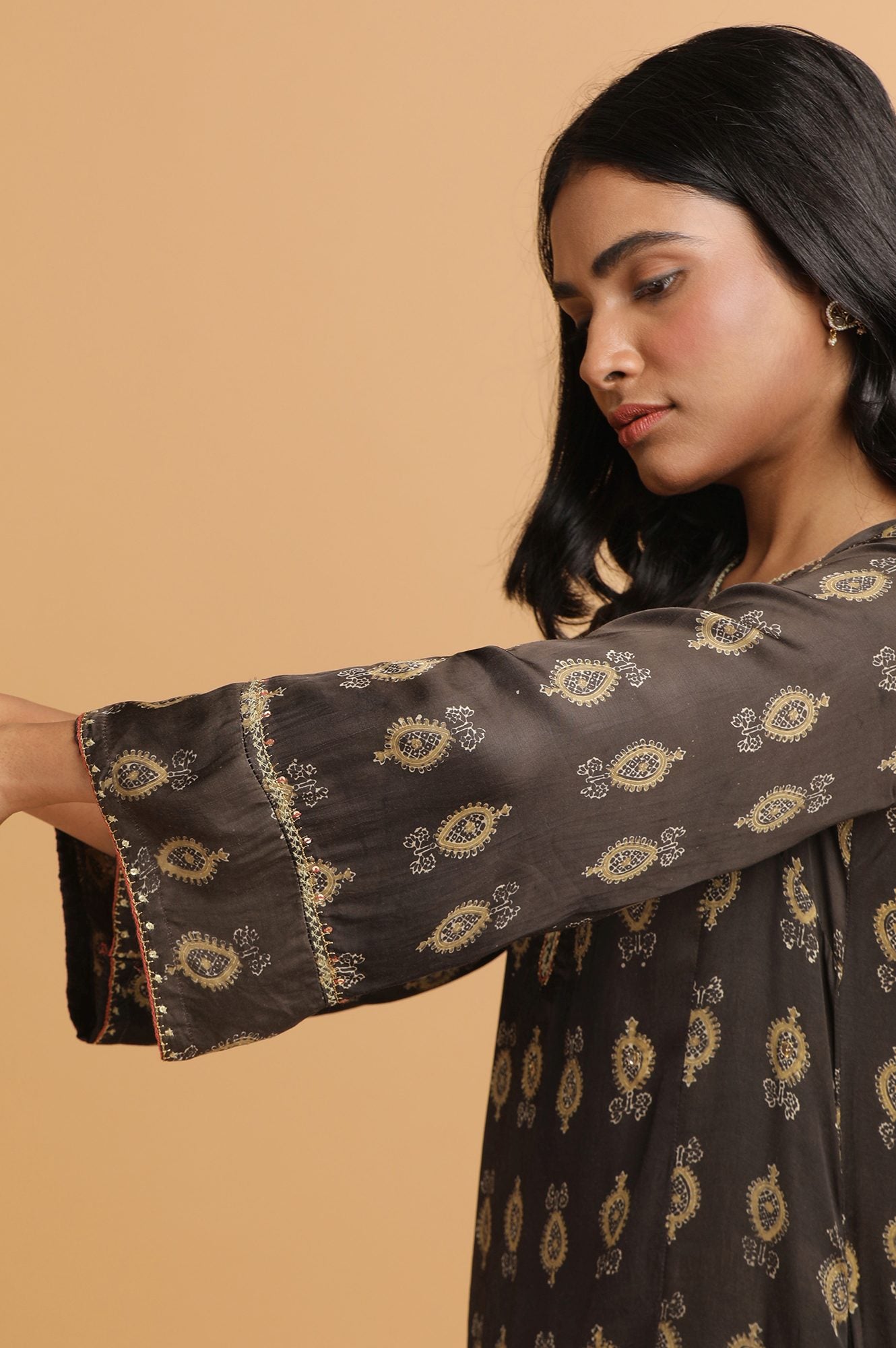 Dark Grey Ajrakh Print kurta in Lustrous Satin