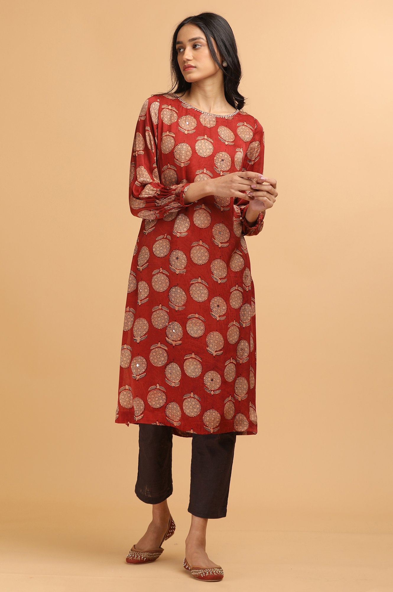 Red Ajrakh Print kurta in Modal Satin