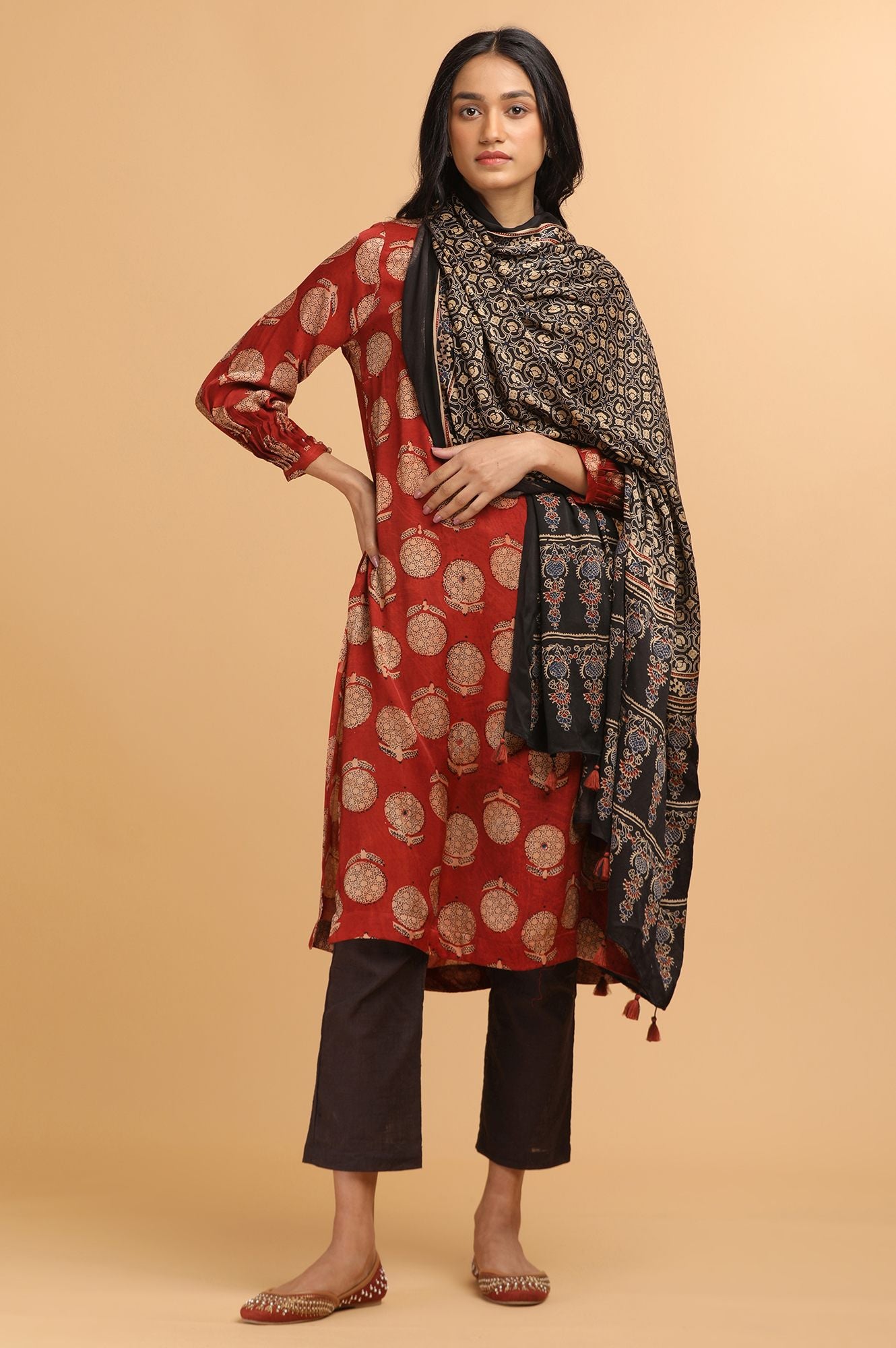 Red Ajrakh Print kurta in Modal Satin