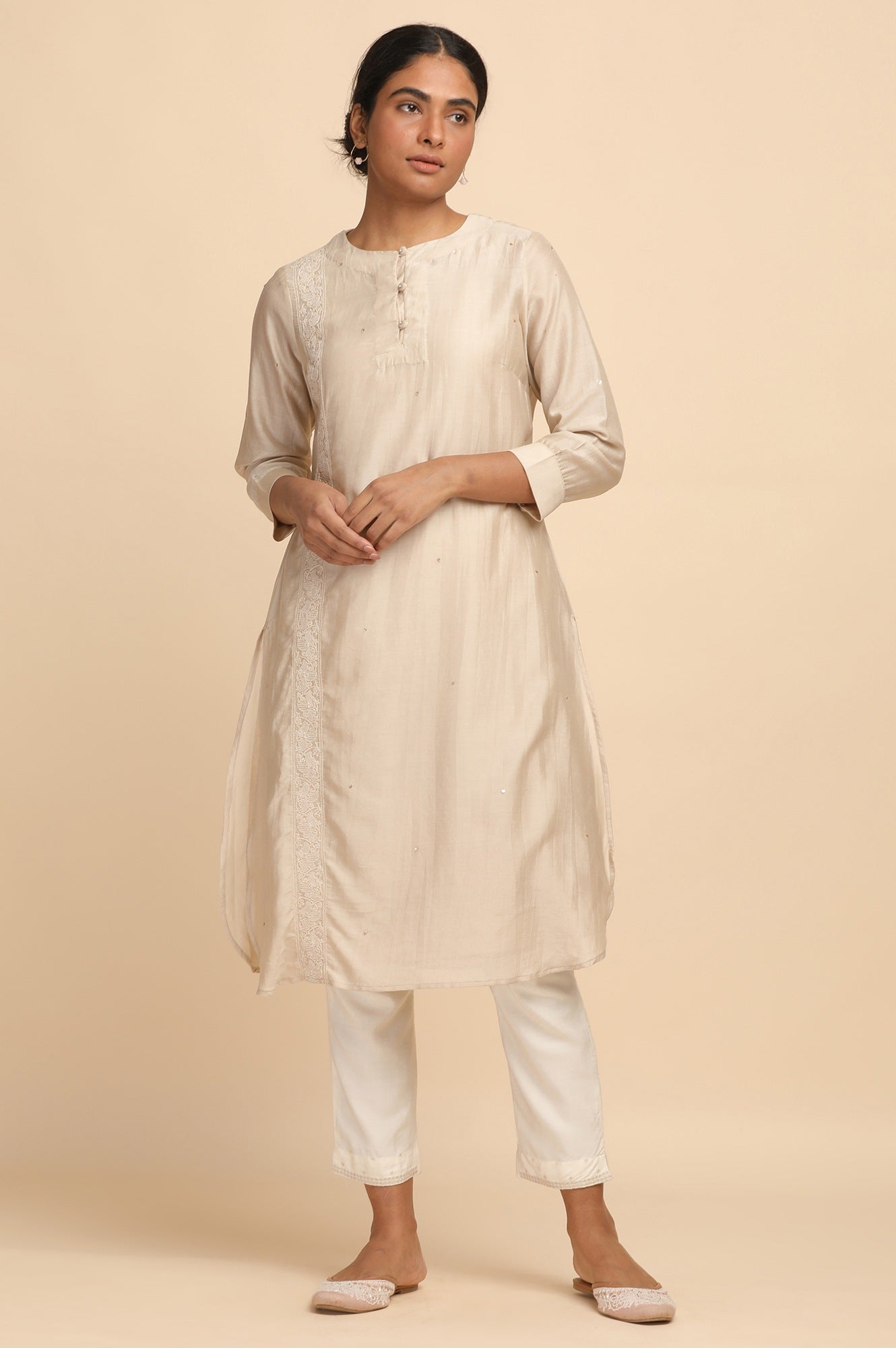 Light Beige Cotton Silk Solid kurta