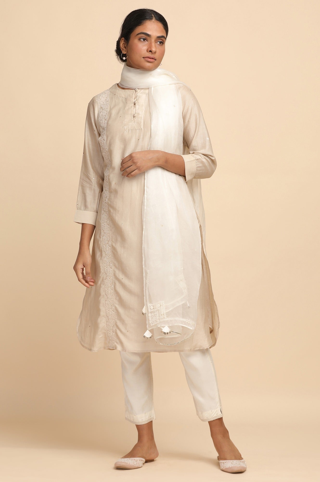 Light Beige Cotton Silk Solid kurta