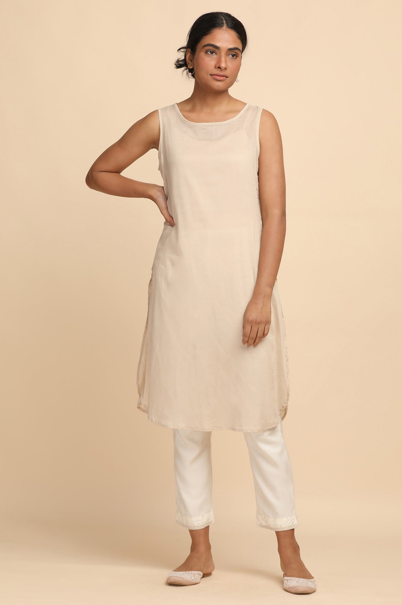 Light Beige Cotton Silk Solid kurta