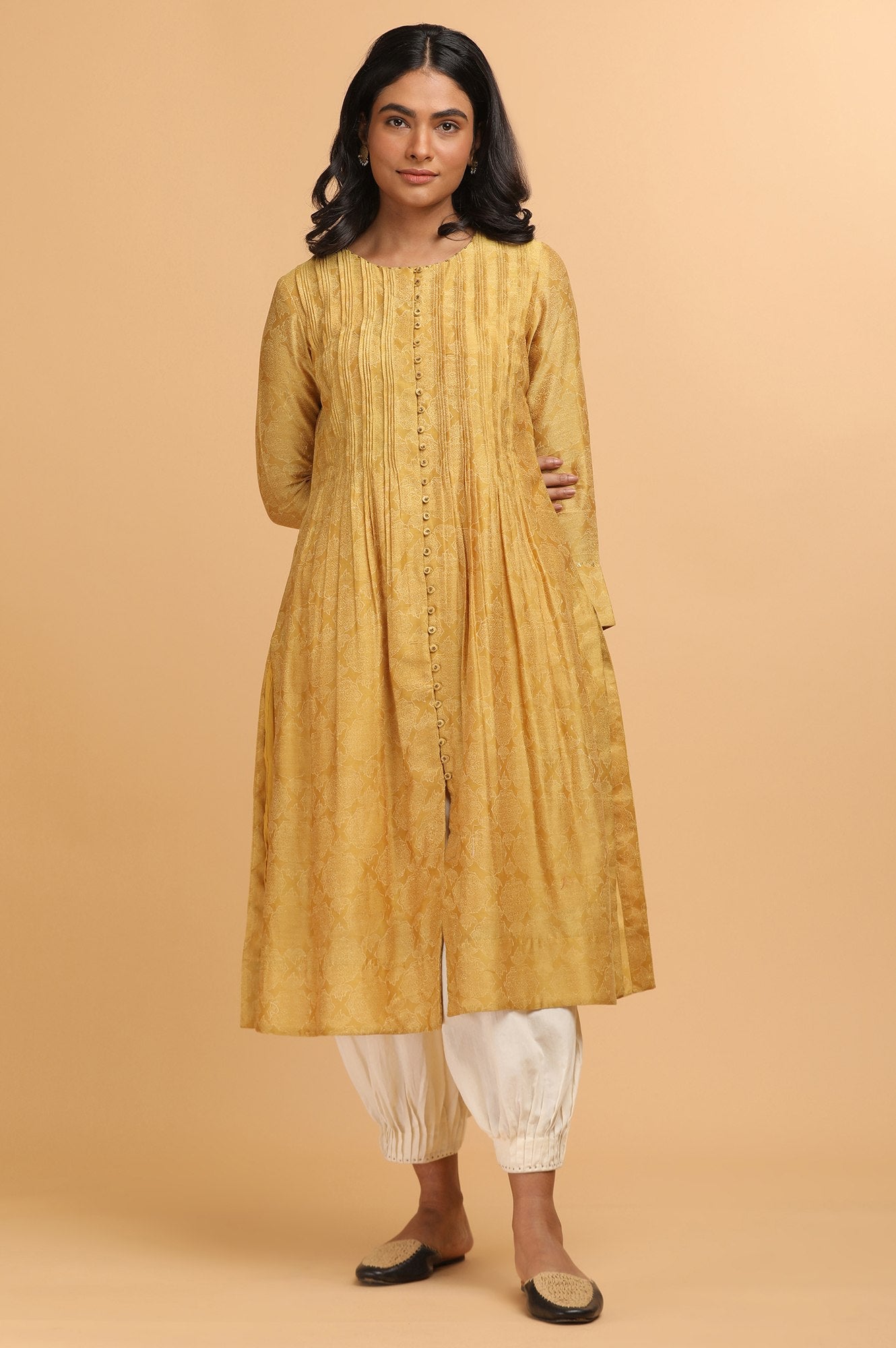 Mustard Hand Block Print kurta in Cotton silk