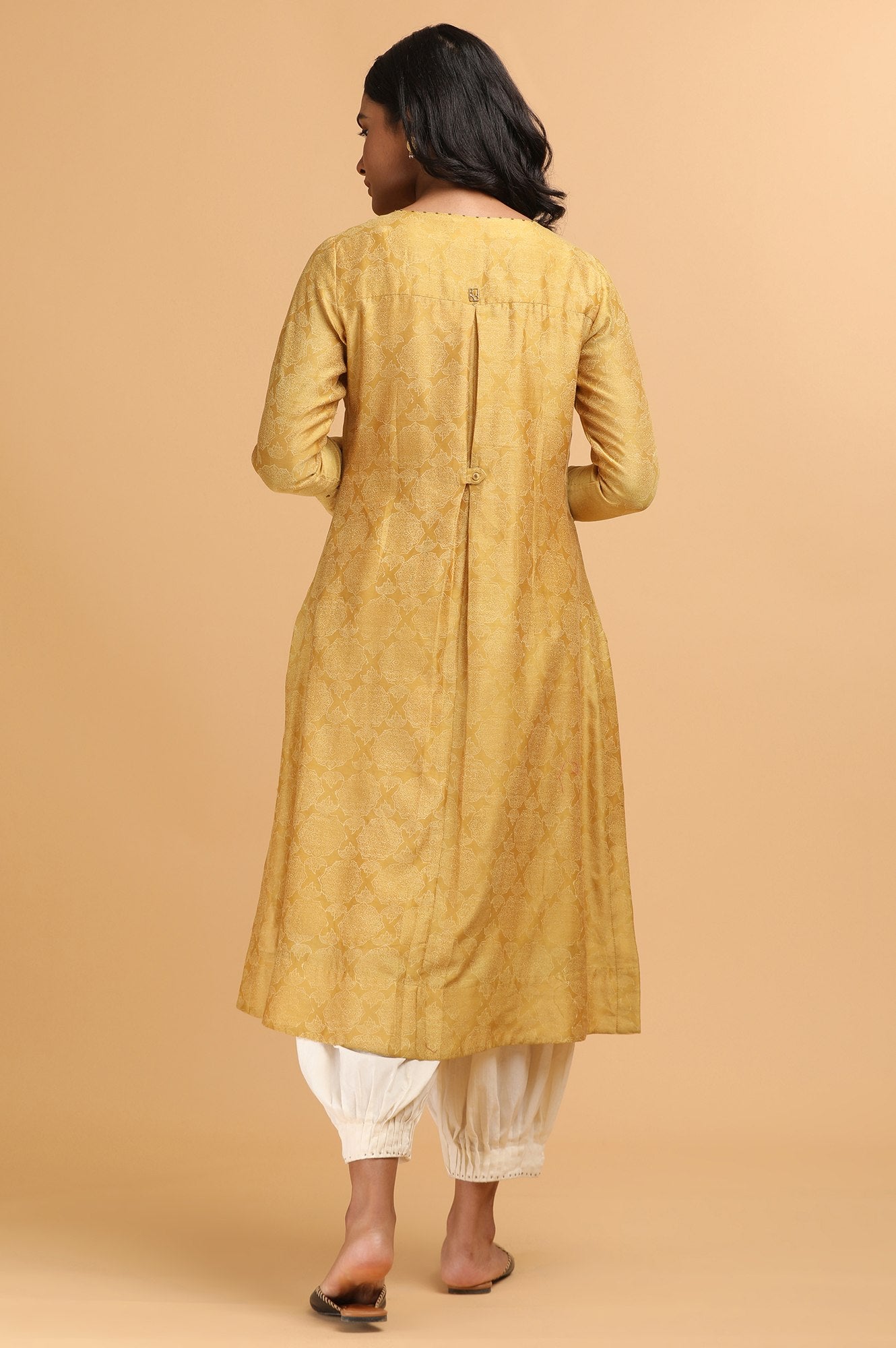 Mustard Hand Block Print kurta in Cotton silk