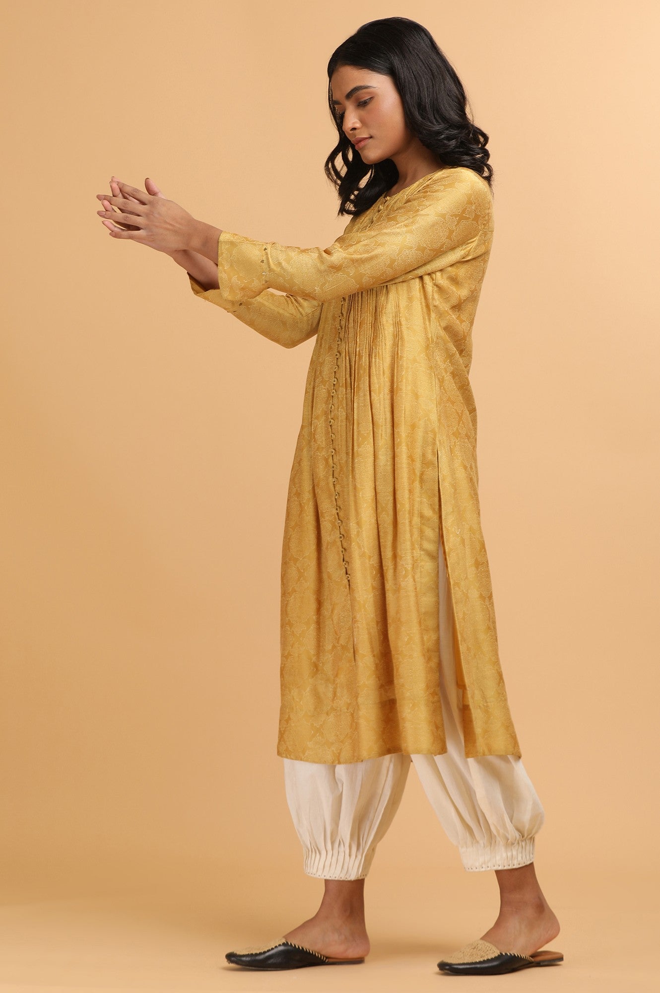 Mustard Hand Block Print kurta in Cotton silk