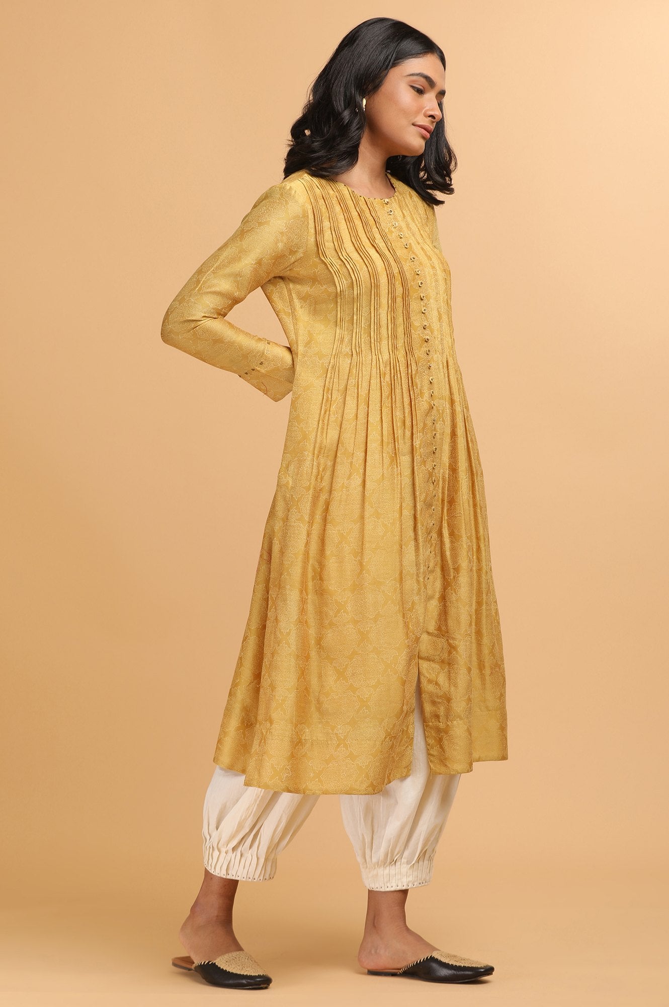 Mustard Hand Block Print kurta in Cotton silk