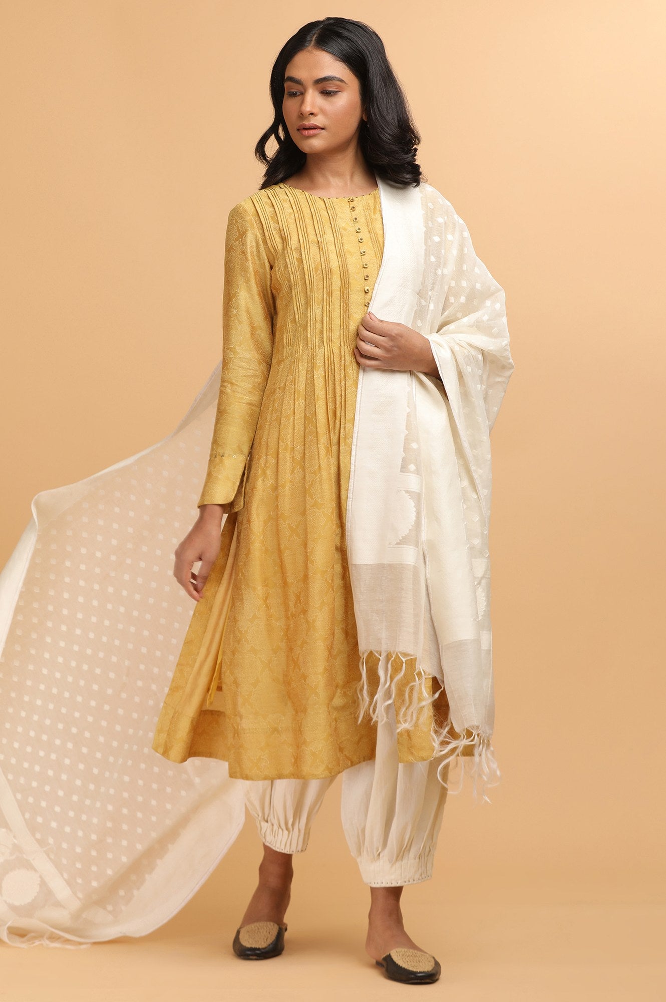 Mustard Hand Block Print kurta in Cotton silk