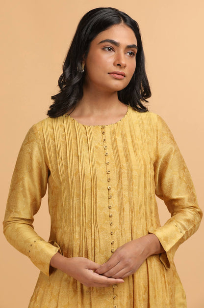 Mustard Hand Block Print kurta in Cotton silk