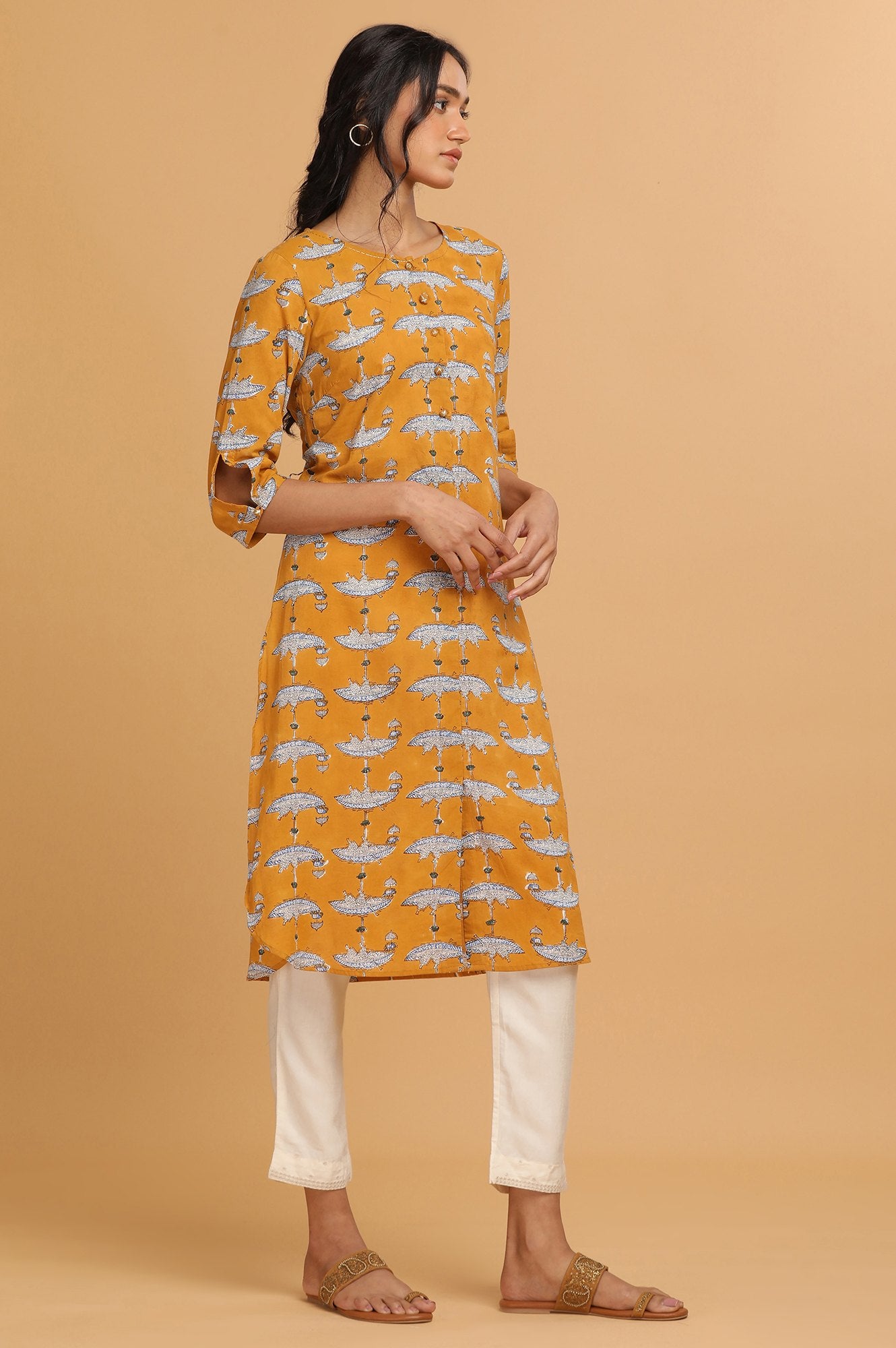 Mustard Hand Block Print kurta in Boat Motif