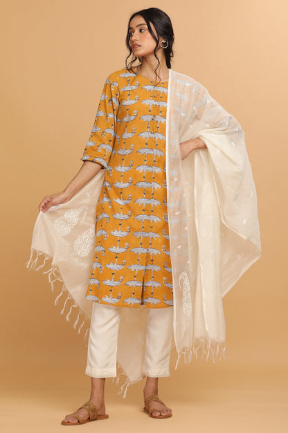 Mustard Hand Block Print kurta in Boat Motif