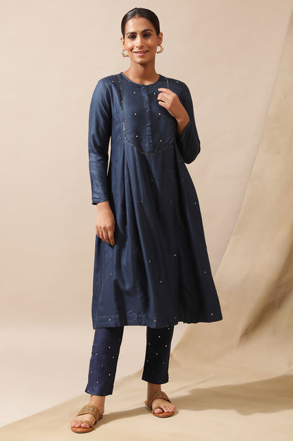 Blue Mirrorwork Kurta In Tussar