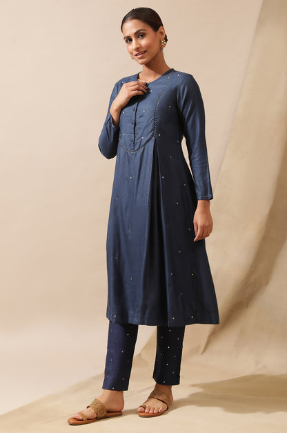 Blue Mirrorwork Kurta In Tussar