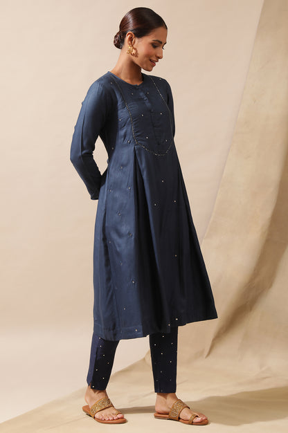 Blue Mirrorwork Kurta In Tussar