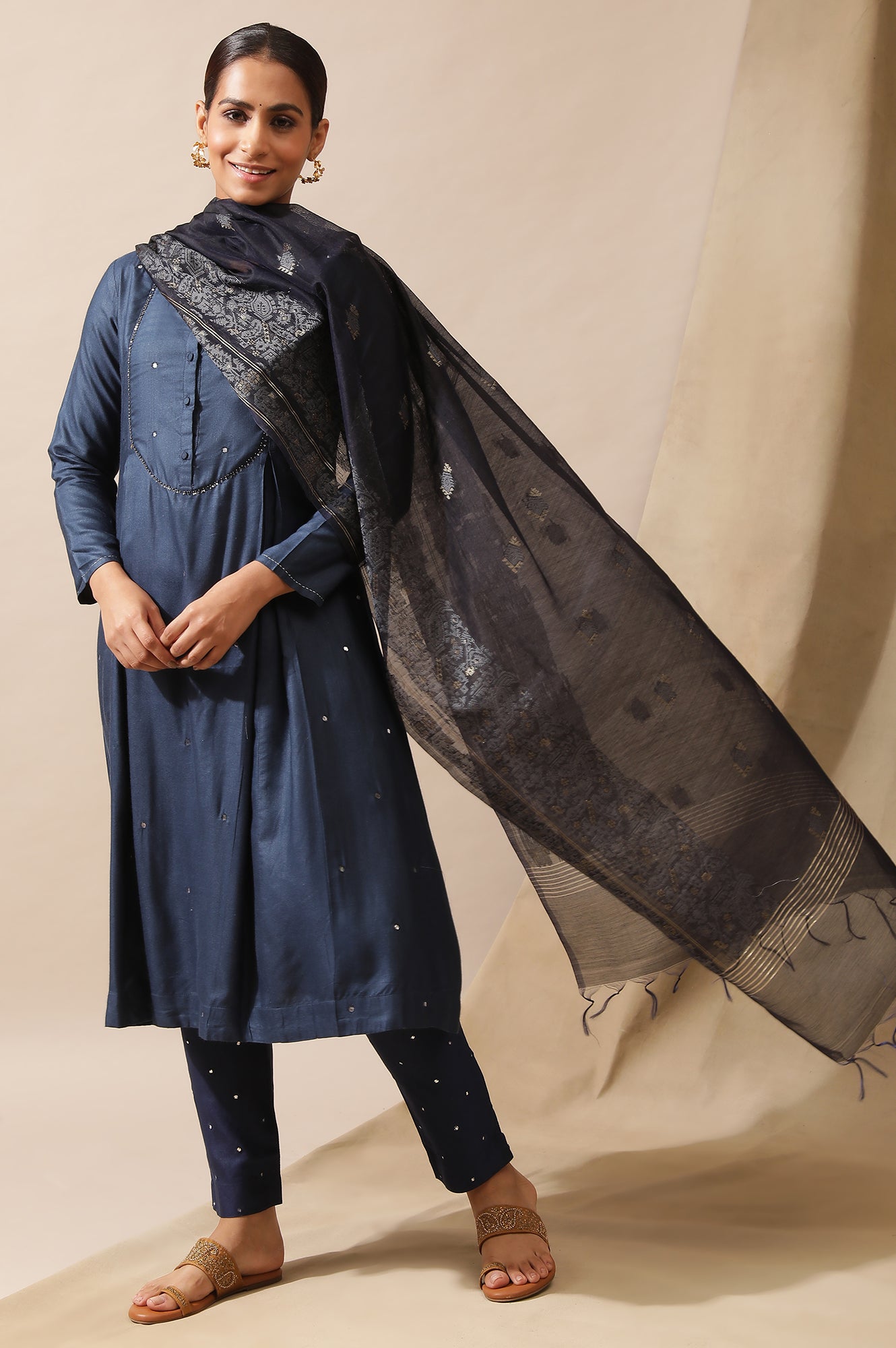 Blue Mirrorwork Kurta In Tussar