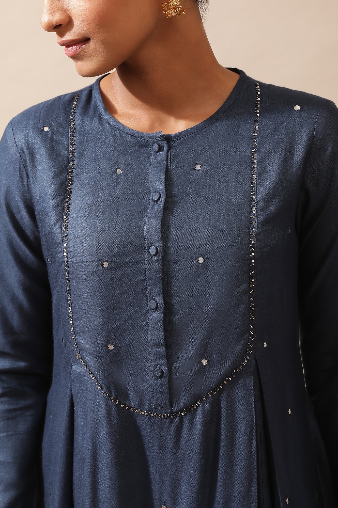 Blue Mirrorwork Kurta In Tussar