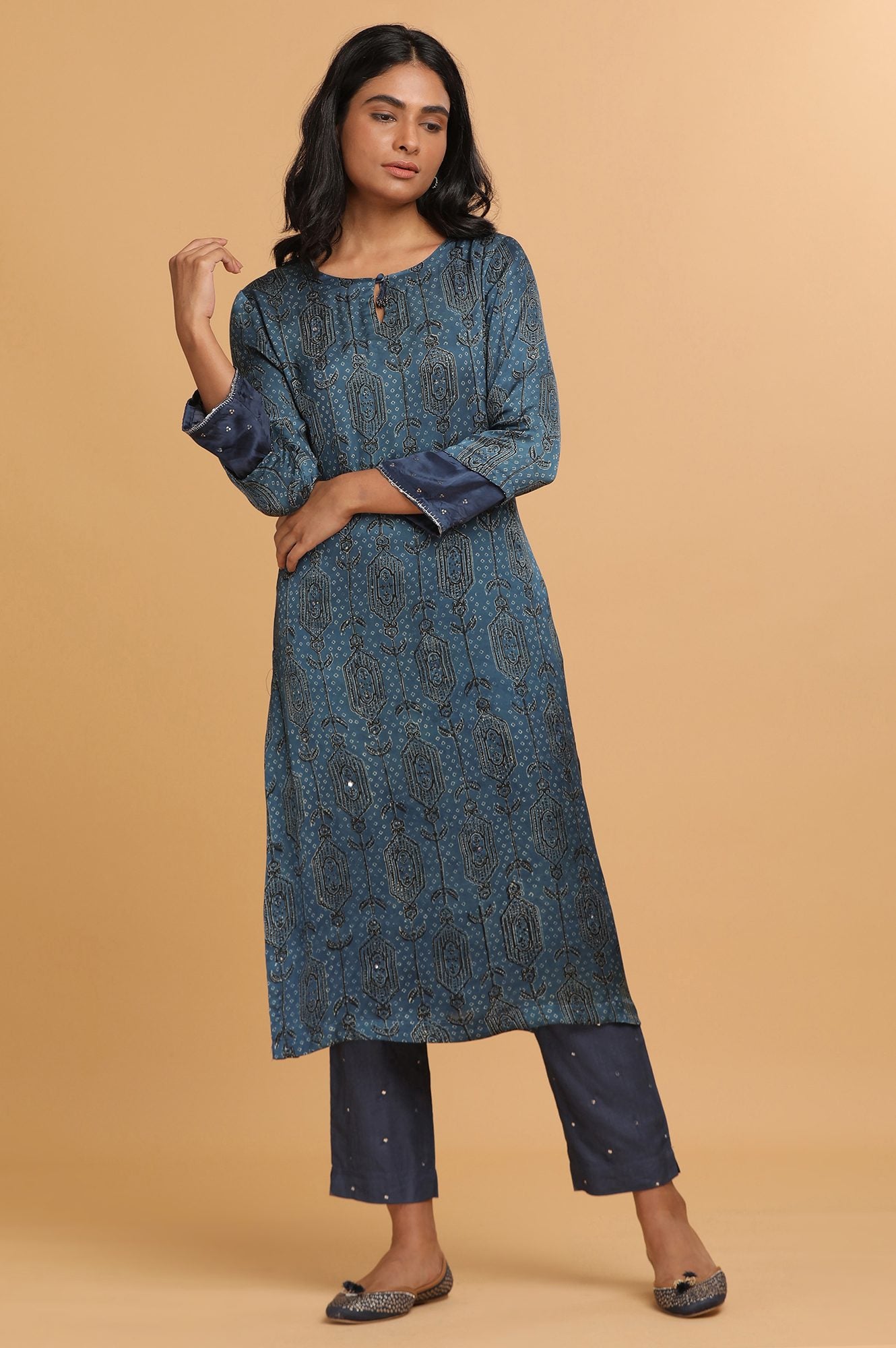 Blue Ajrakh Print kurta in Modal Satin