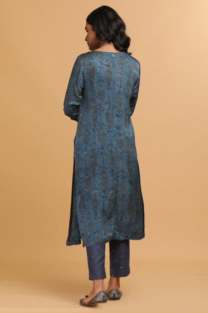 Blue Ajrakh Print kurta in Modal Satin