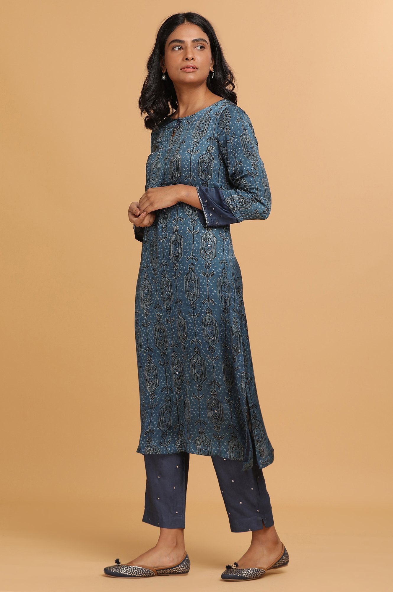 Blue Ajrakh Print kurta in Modal Satin