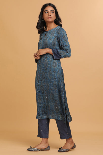 Blue Ajrakh Print kurta in Modal Satin