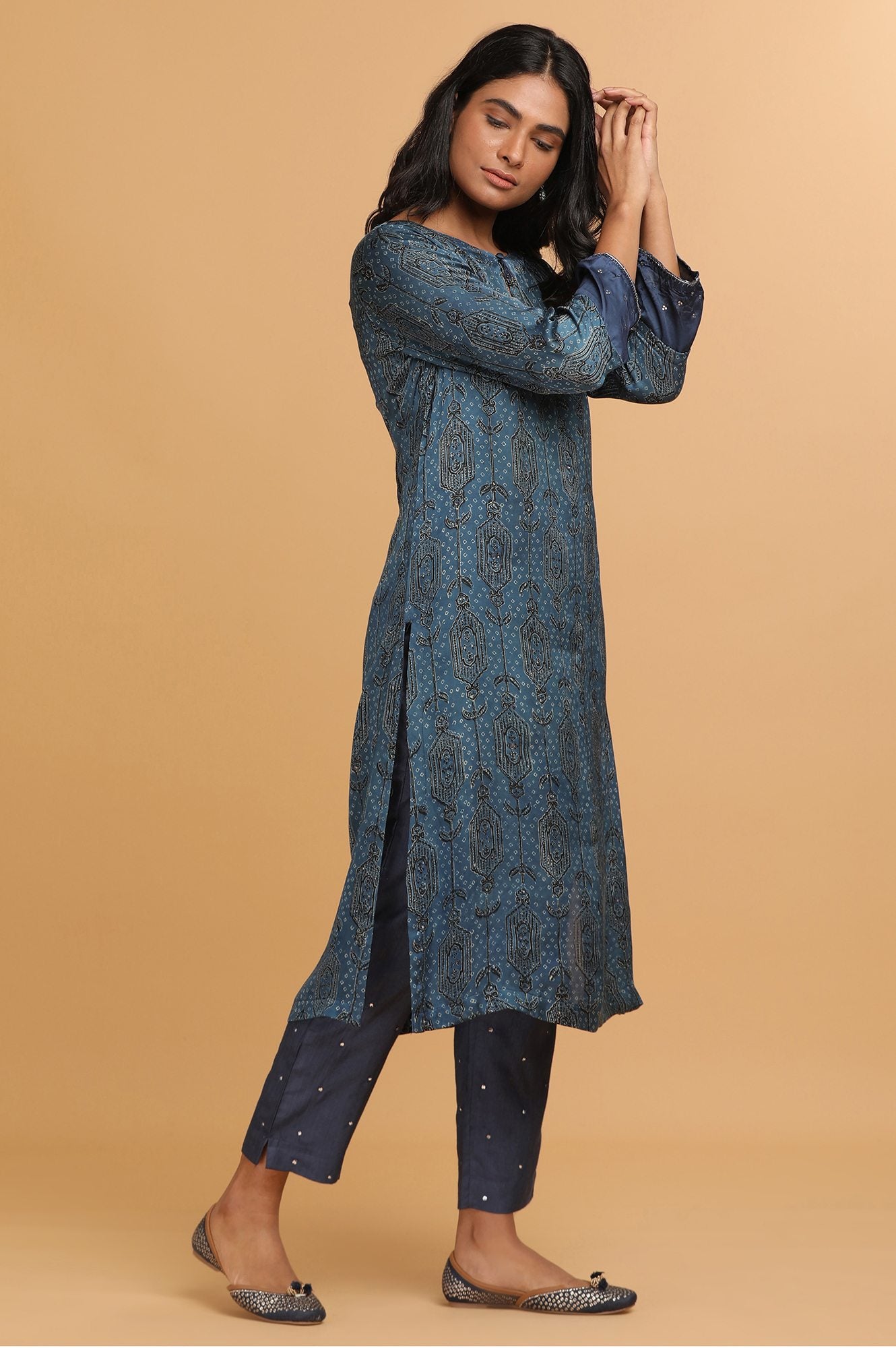 Blue Ajrakh Print kurta in Modal Satin