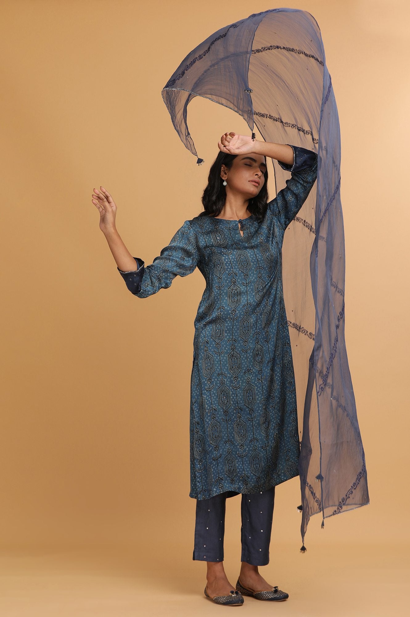 Blue Ajrakh Print kurta in Modal Satin