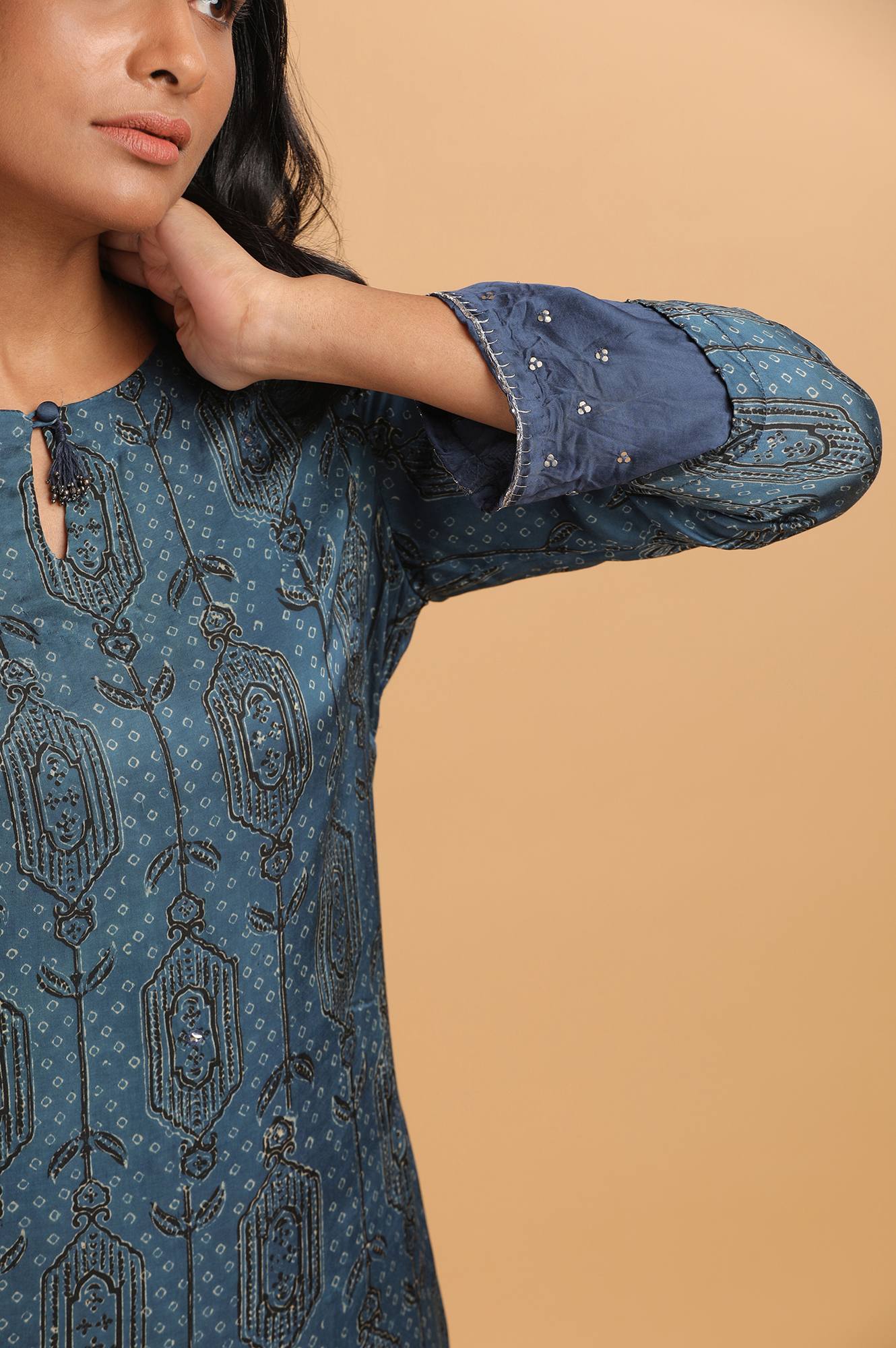 Blue Ajrakh Print kurta in Modal Satin