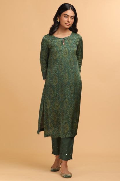 Green Ajrakh Print kurta in Modal Satin