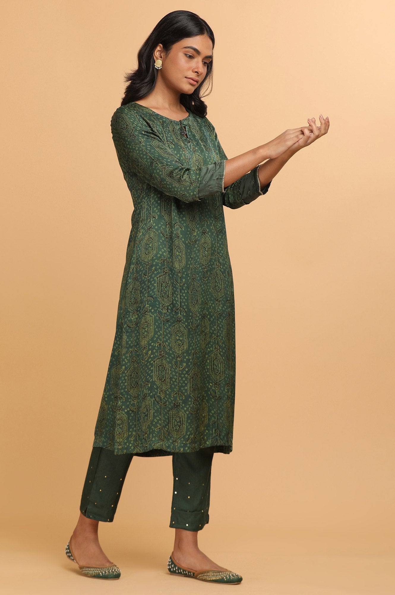 Green Ajrakh Print kurta in Modal Satin