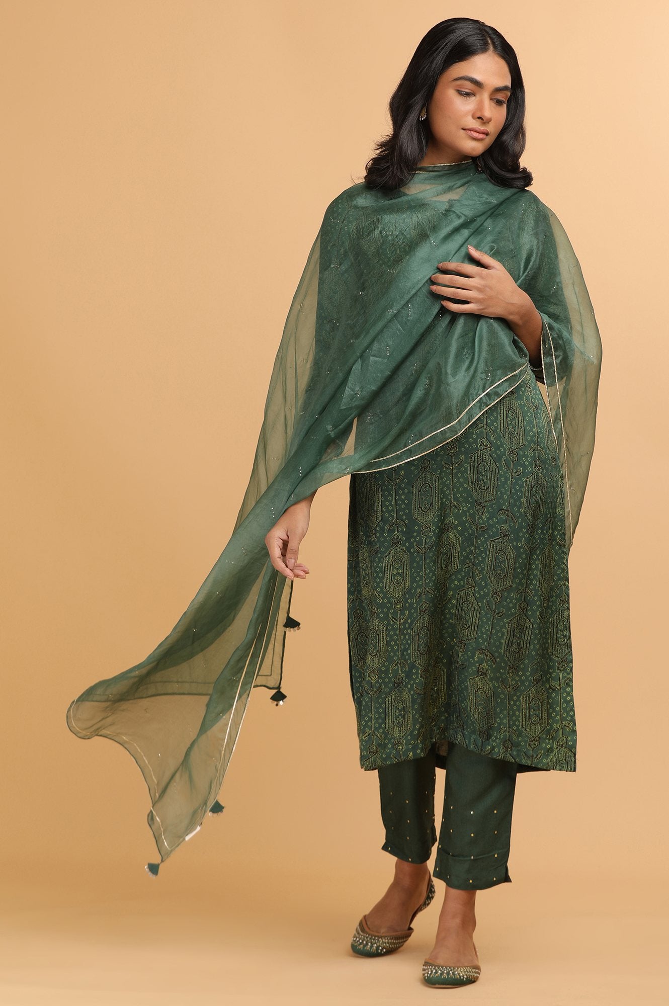 Green Ajrakh Print kurta in Modal Satin