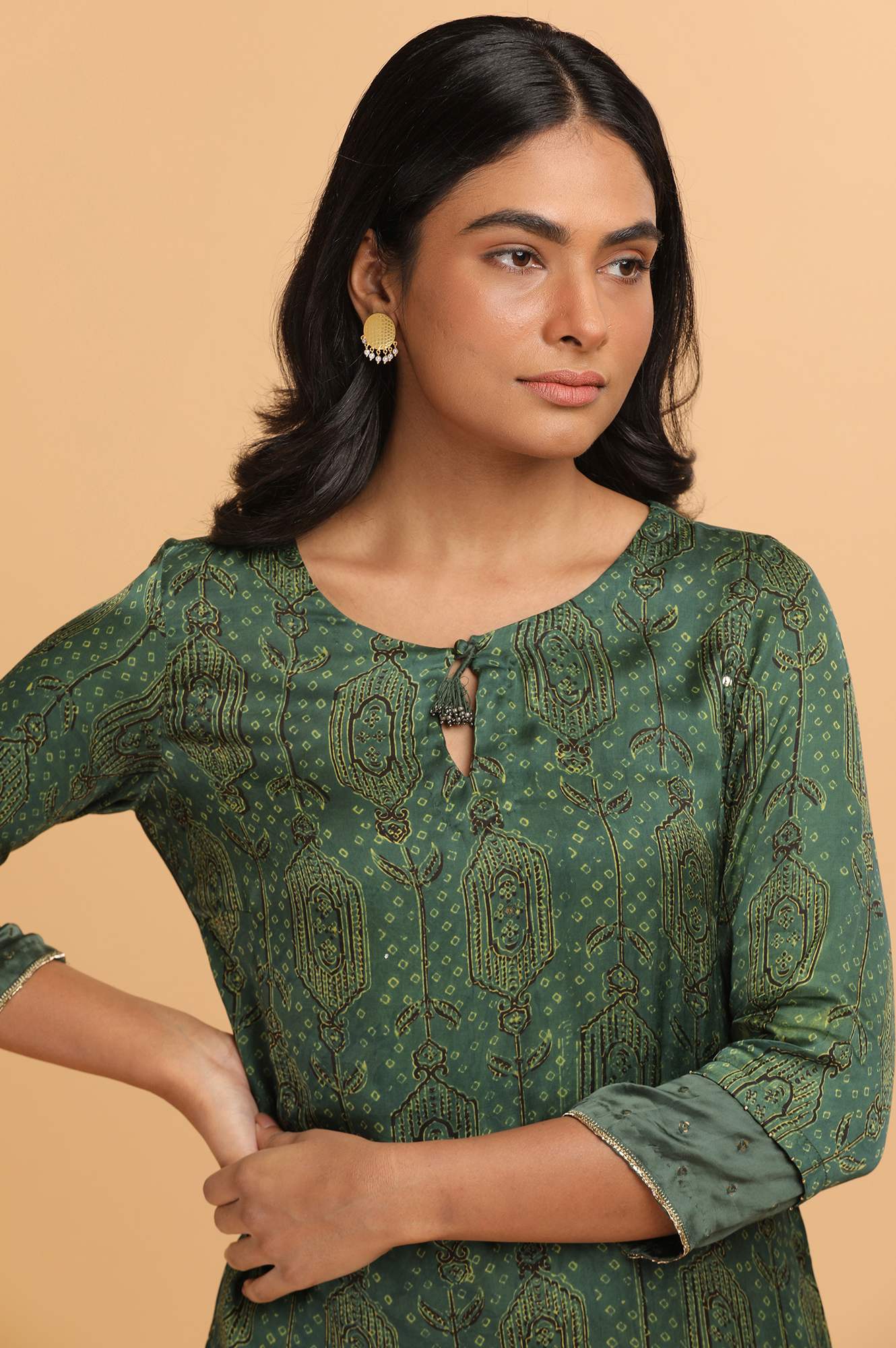 Green Ajrakh Print kurta in Modal Satin