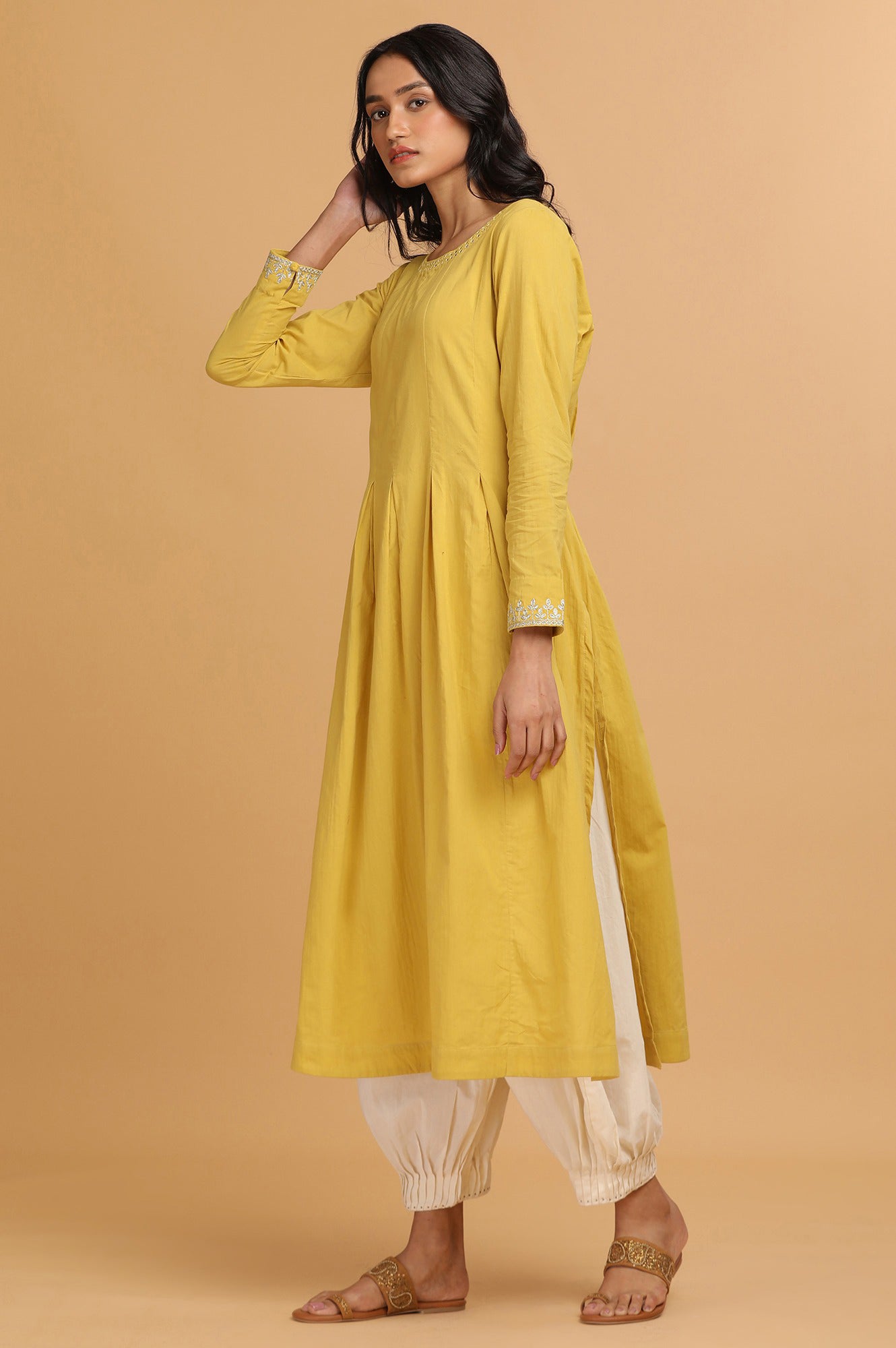 Yellow Longline Solid kurta