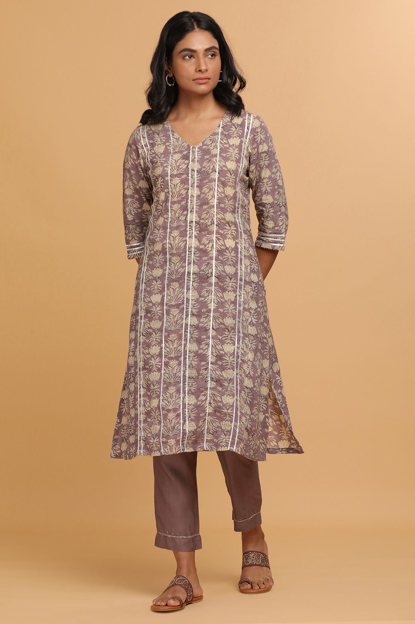 Purple Hand Block Print Gota kurta