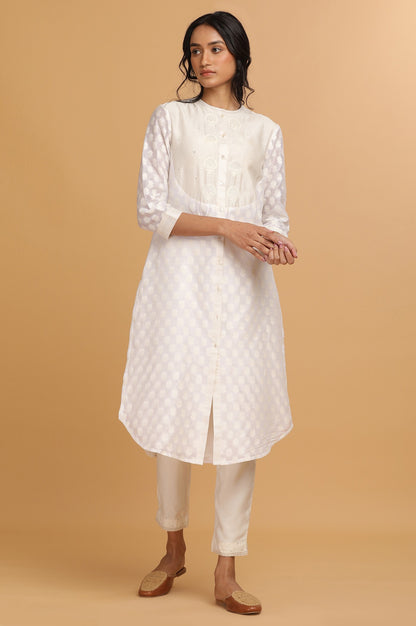 Ecru Cotton Silk Tonal Dobby Shirt Dress