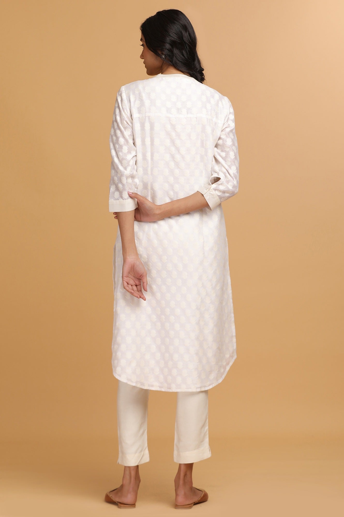 Ecru Cotton Silk Tonal Dobby Shirt Dress