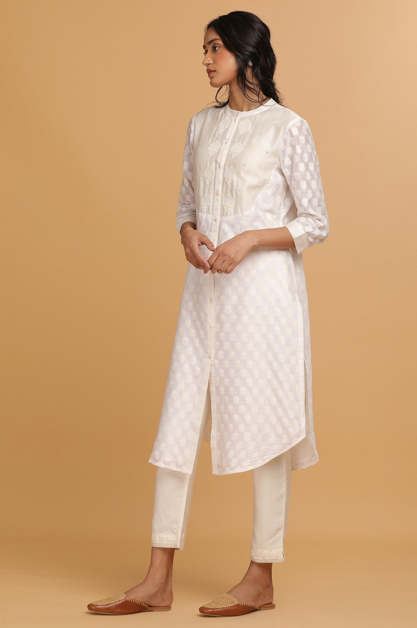 Ecru Cotton Silk Tonal Dobby Shirt Dress