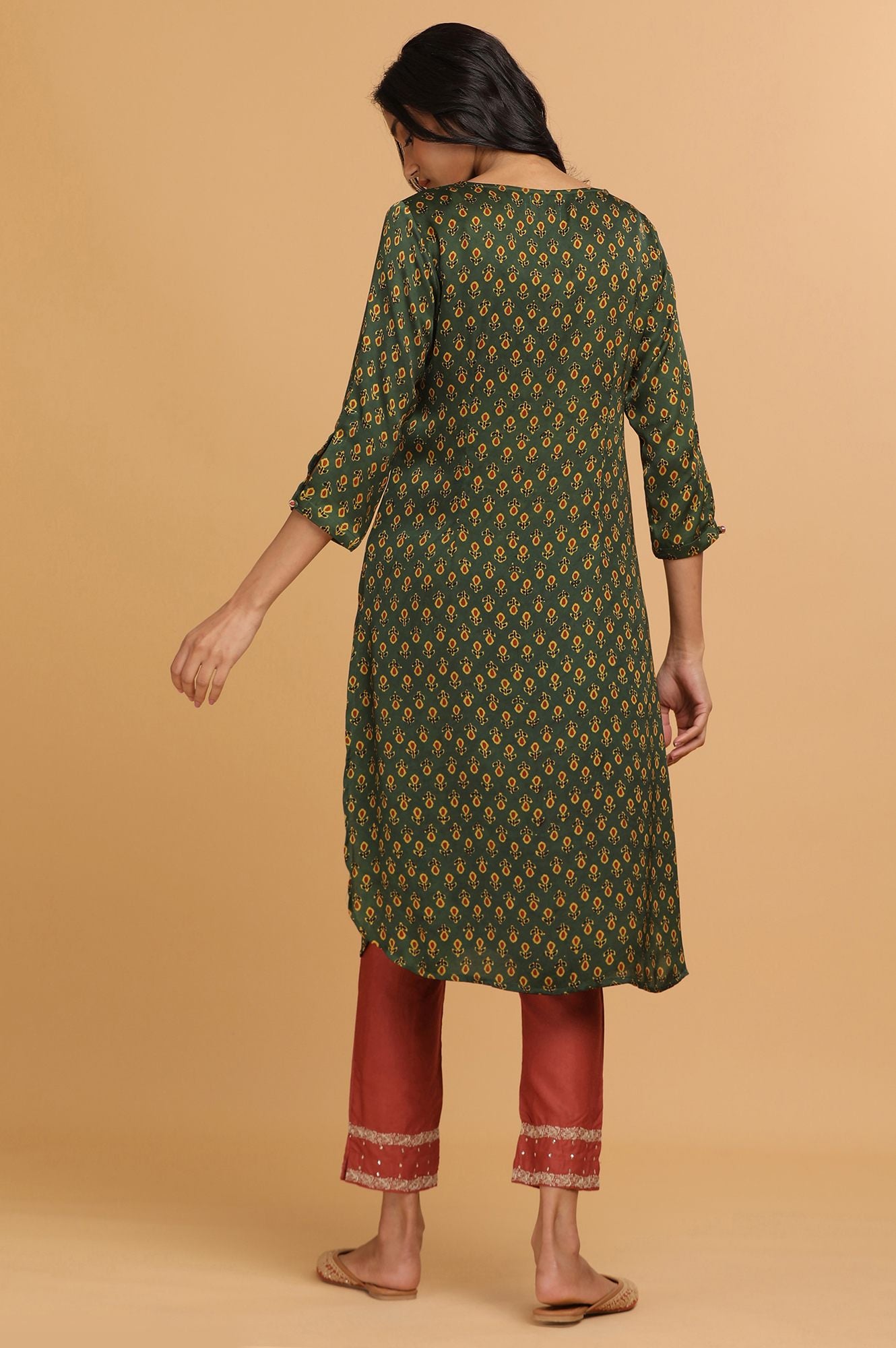 Green Ajrakh Print Mid-Length kurta