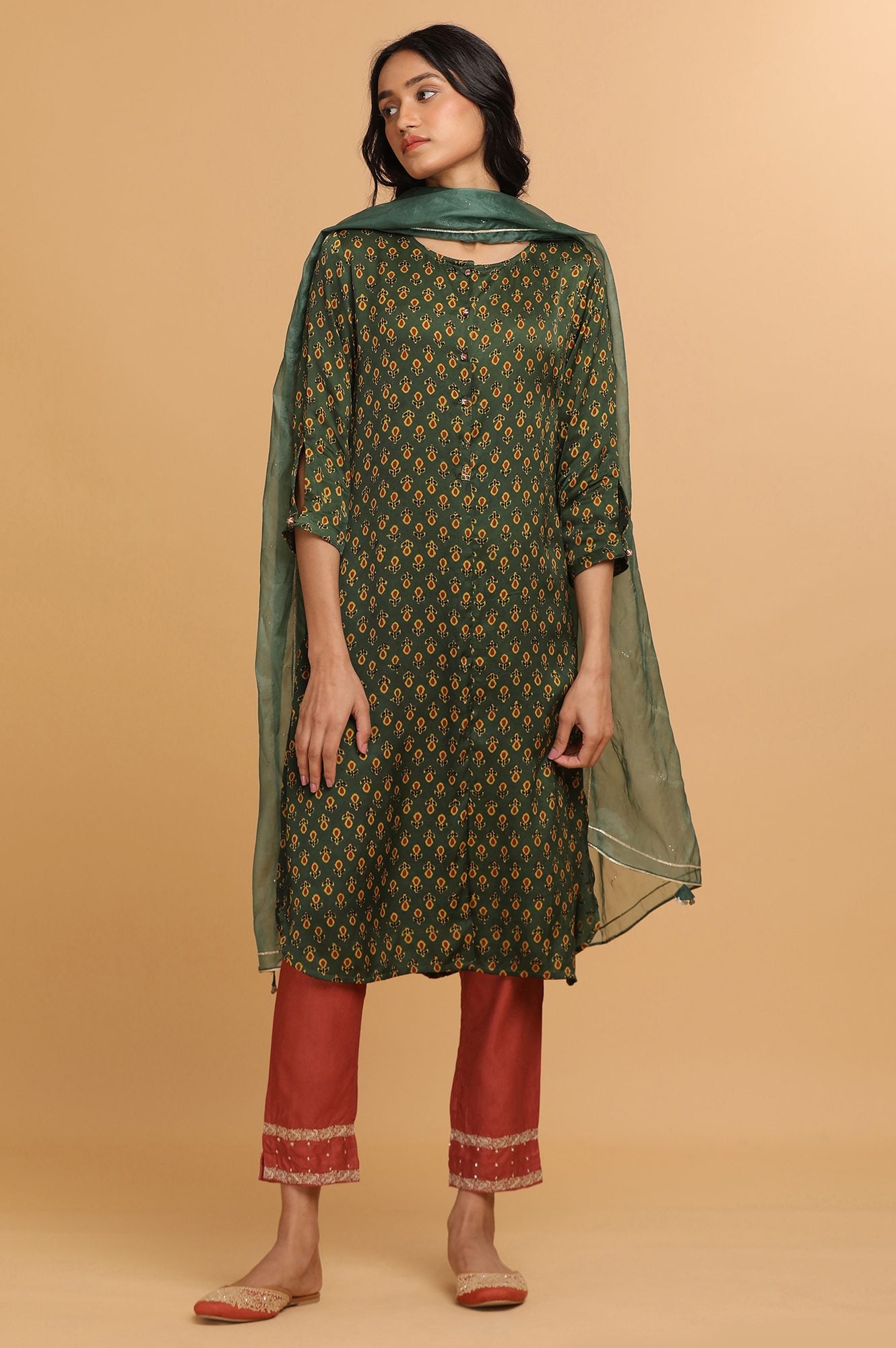 Green Ajrakh Print Mid-Length kurta