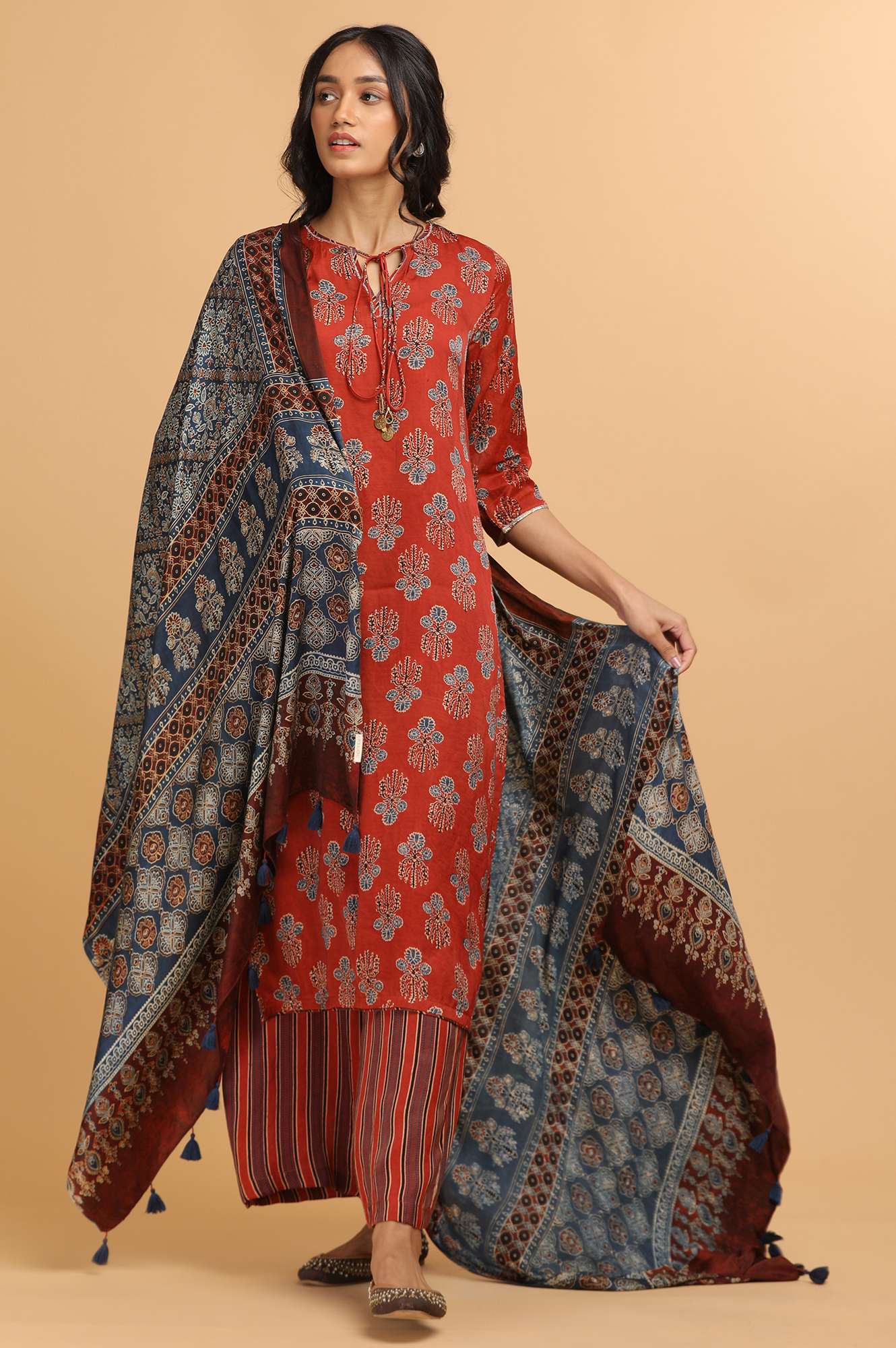 Red Ajrakh Print Modal Satin kurta