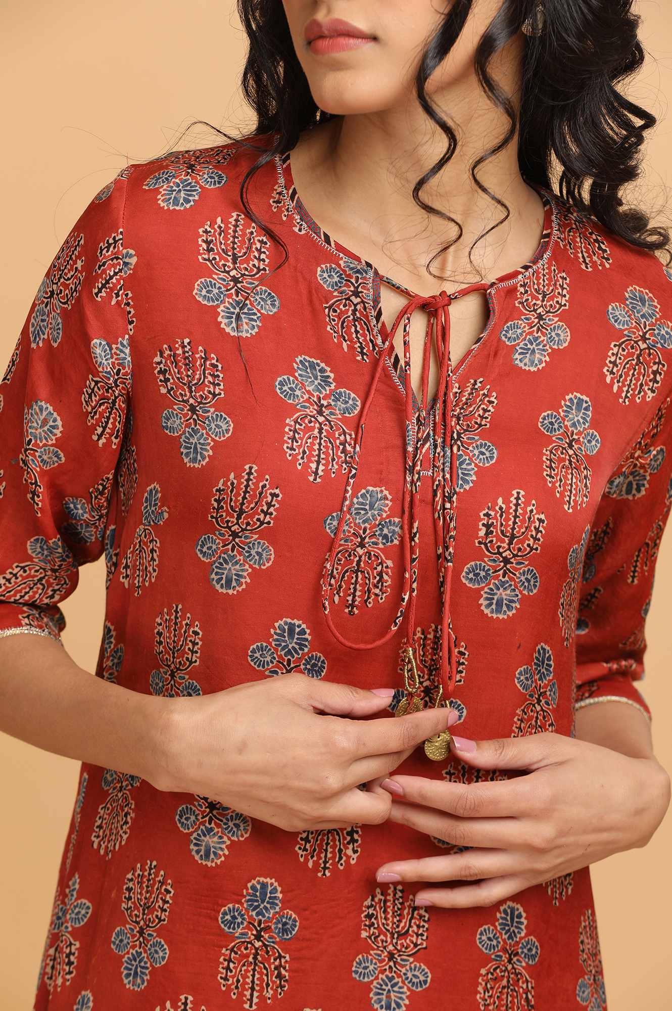 Red Ajrakh Print Modal Satin kurta