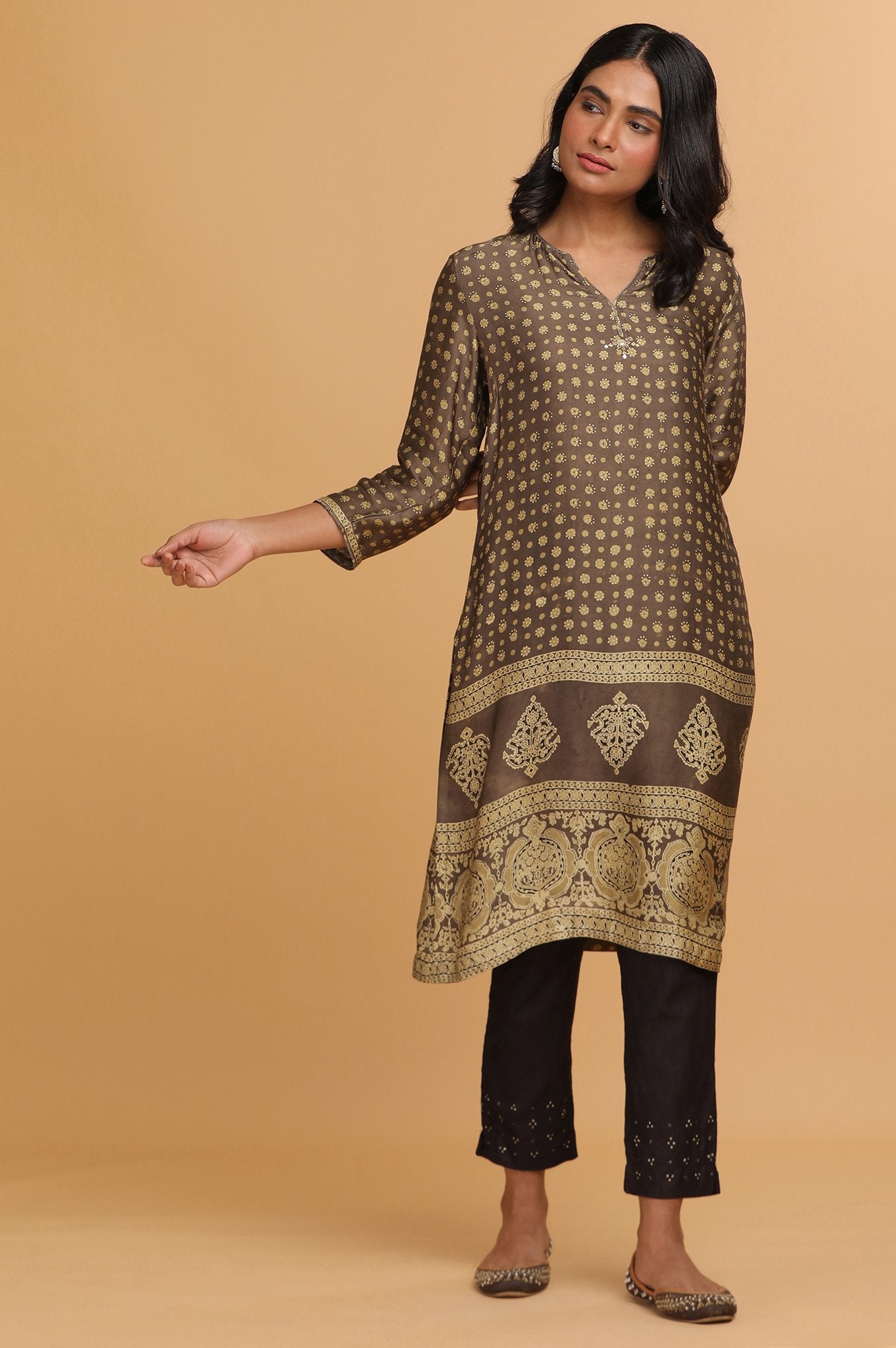 Olive Green Lustrous kurta in Ajrakh Print