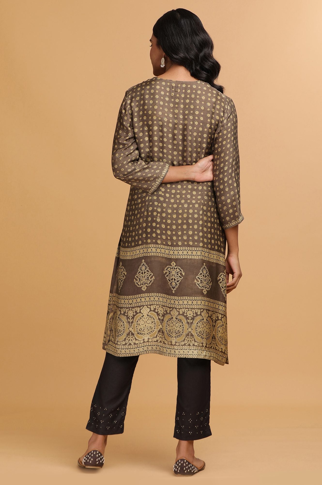 Olive Green Lustrous kurta in Ajrakh Print