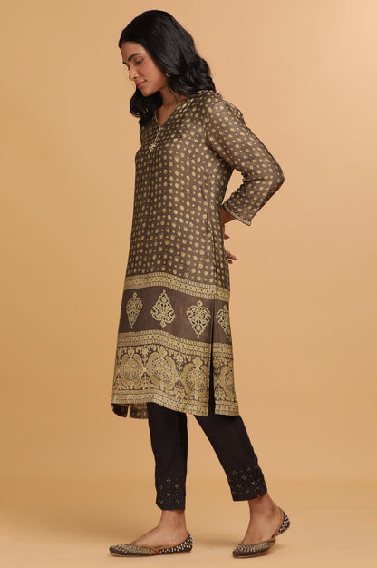 Olive Green Lustrous kurta in Ajrakh Print